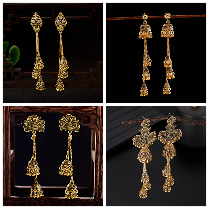 Indian Wedding Supply - Nuevos Pendientes Jhumka con Borlas Doradas